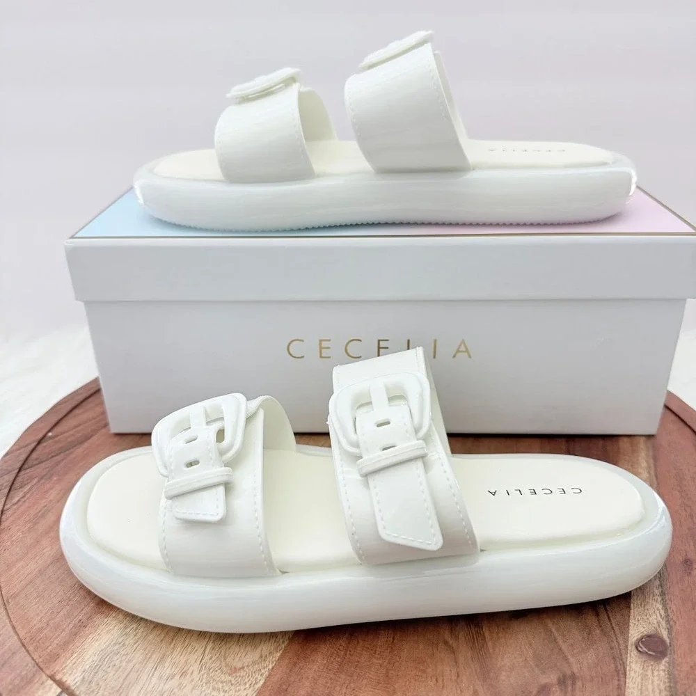 Cecelia New York‎ Jump Alabaster Sz 7 White Glossy Platform Slide Sandals NWB